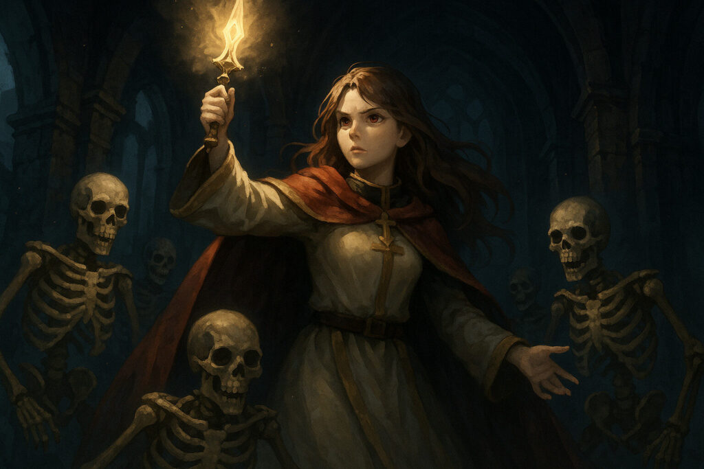 Image de l'héroïne de Saintess Summons Skeleton​s, entourée de skelettes