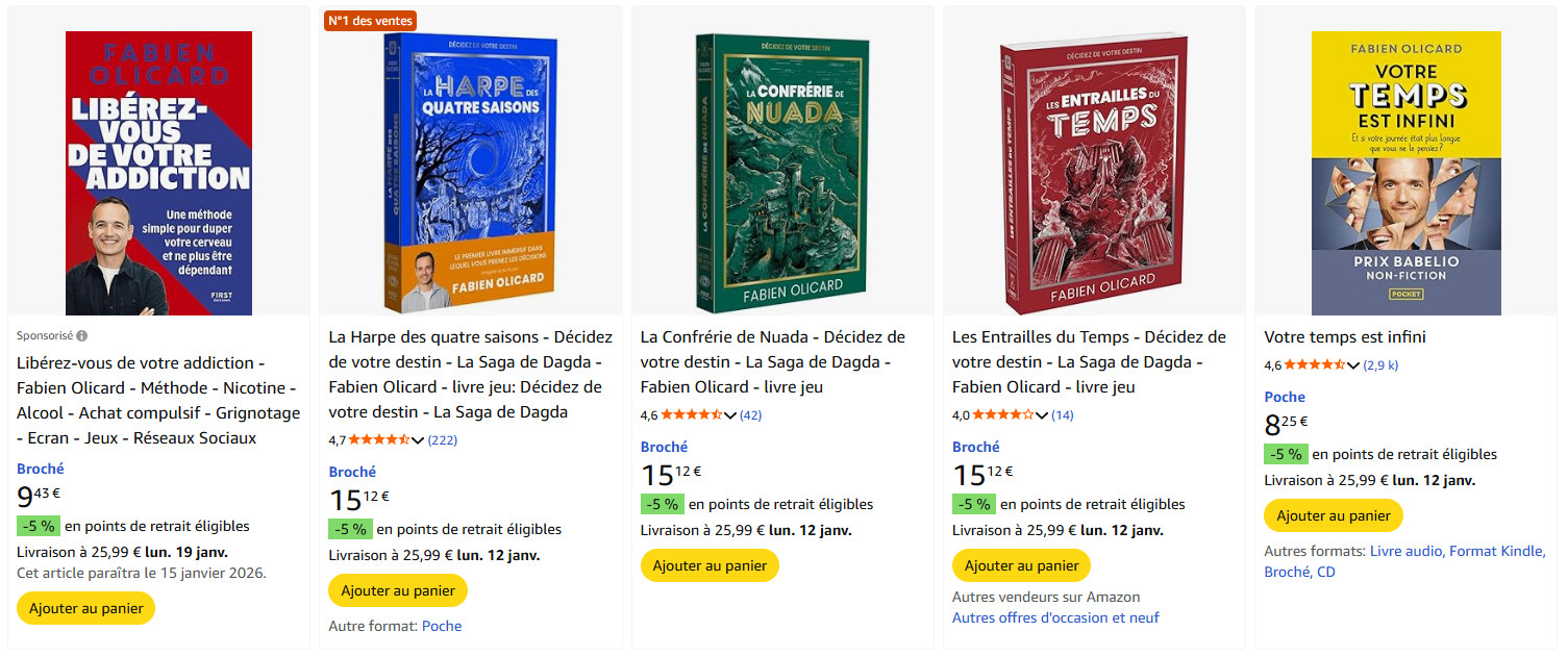 Collection des couvertures des livres de Fabien Olicard